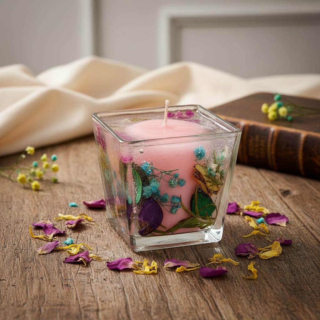 🌸 נר זכוכית מעוטר פרחים — אור רך ועדין שמחמם כל פינה.