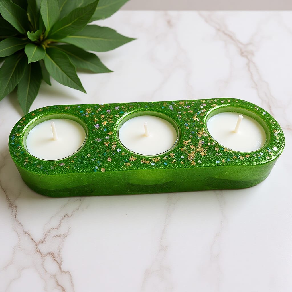🌿 מגש רזין ירוק עם נרות תה — אווירה מושלמת בלחיצת גפרור.