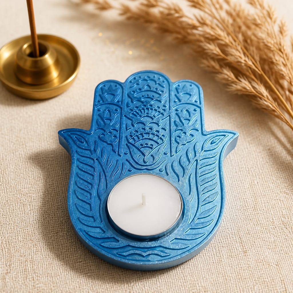 🧿 מעמד נר חמסה כחולה מעוטרת — הגנה, מזל ואומנות בפריט אחד.