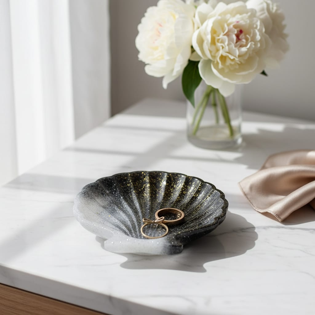 🐚 מגש צדף יוקרתי — פינת תכשיטים שמרגישה כמו אוצר ים.